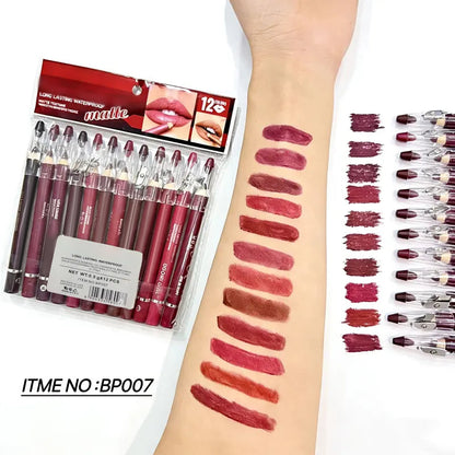 12Pcs Matte Lip Liner Set – Waterproof Smudge-Proof Precise Contour Lip Pencils