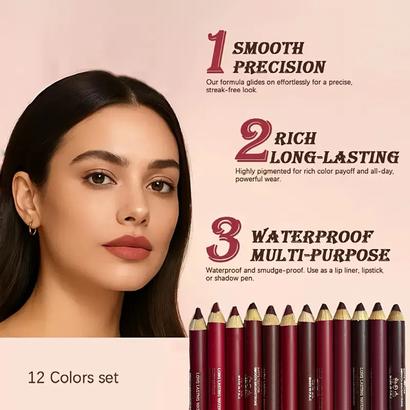 12Pcs Matte Lip Liner Set – Waterproof Smudge-Proof Precise Contour Lip Pencils